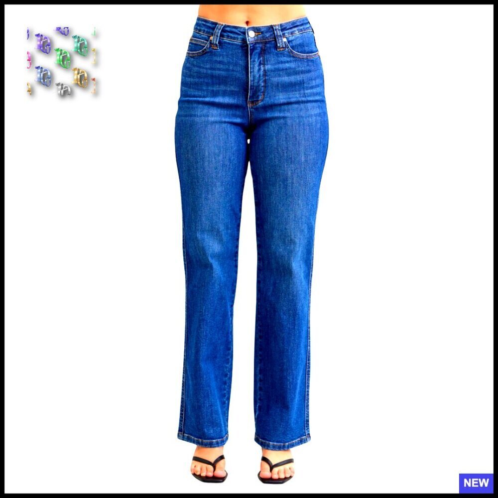 High Waist Straight Leg Jeans Tummy Control Classic Fit Stretch Denim